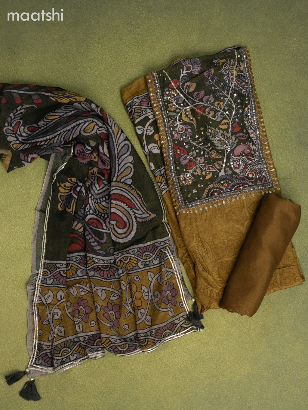 Muslin dress material mustard green with prints & beaded sequin work neck pattern and bottom & kalamkari prints dupatta