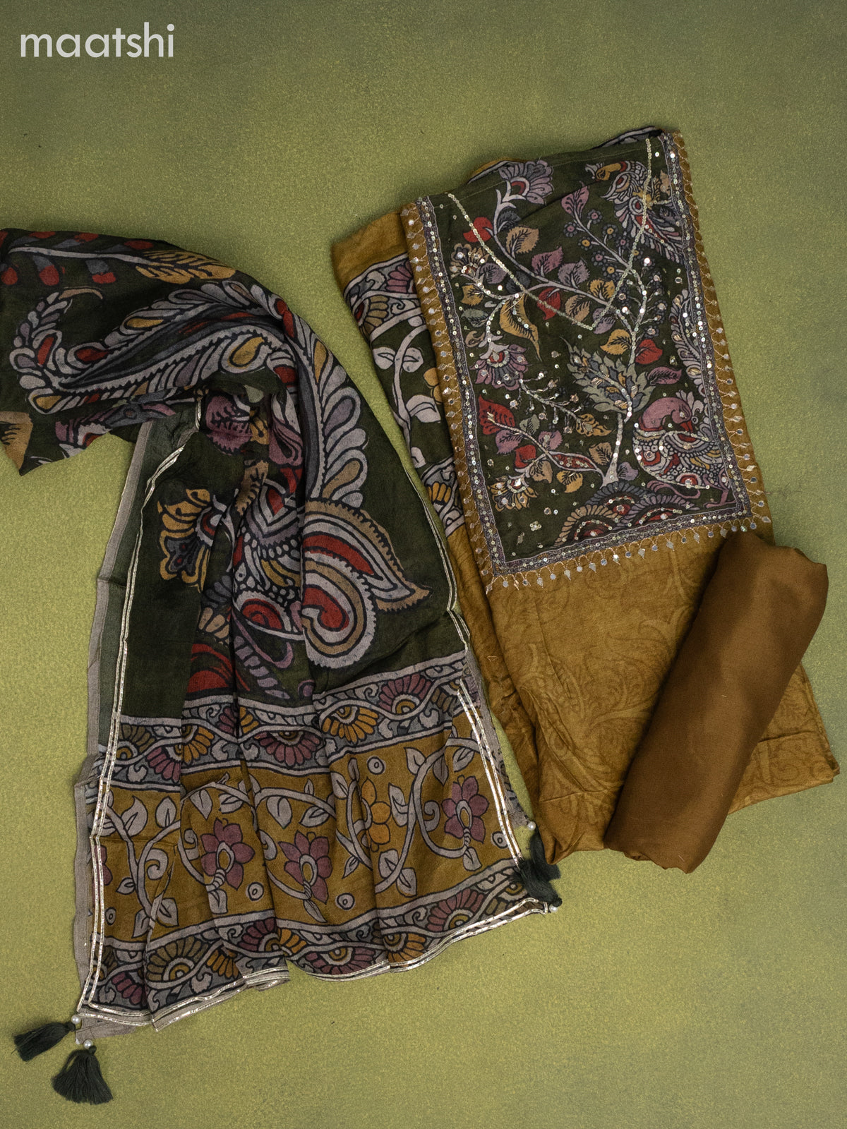 Muslin dress material mustard green with prints & beaded sequin work neck pattern and bottom & kalamkari prints dupatta