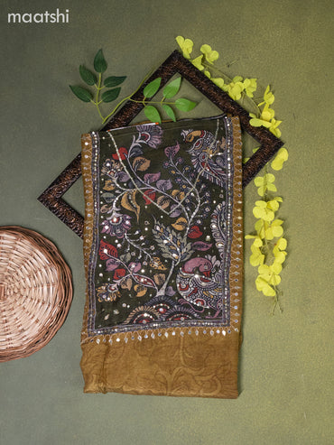 Muslin dress material mustard green with prints & beaded sequin work neck pattern and bottom & kalamkari prints dupatta