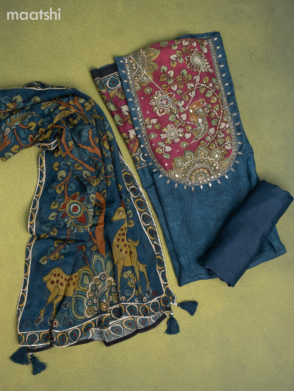 Muslin dress material peacock blue with allover kalamkari prints & beaded sequin work neck pattern and bottom & dupatta