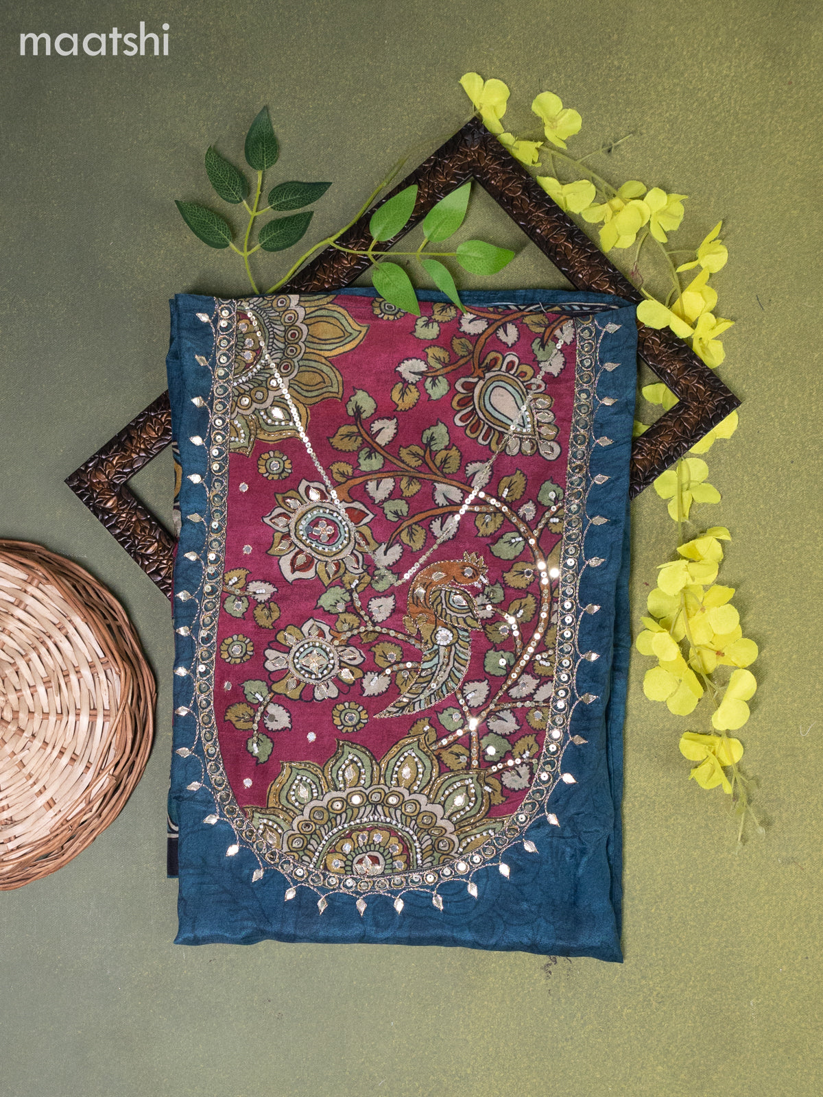Muslin dress material peacock blue with allover kalamkari prints & beaded sequin work neck pattern and bottom & dupatta
