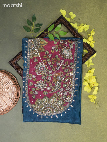 Muslin dress material peacock blue with allover kalamkari prints & beaded sequin work neck pattern and bottom & dupatta