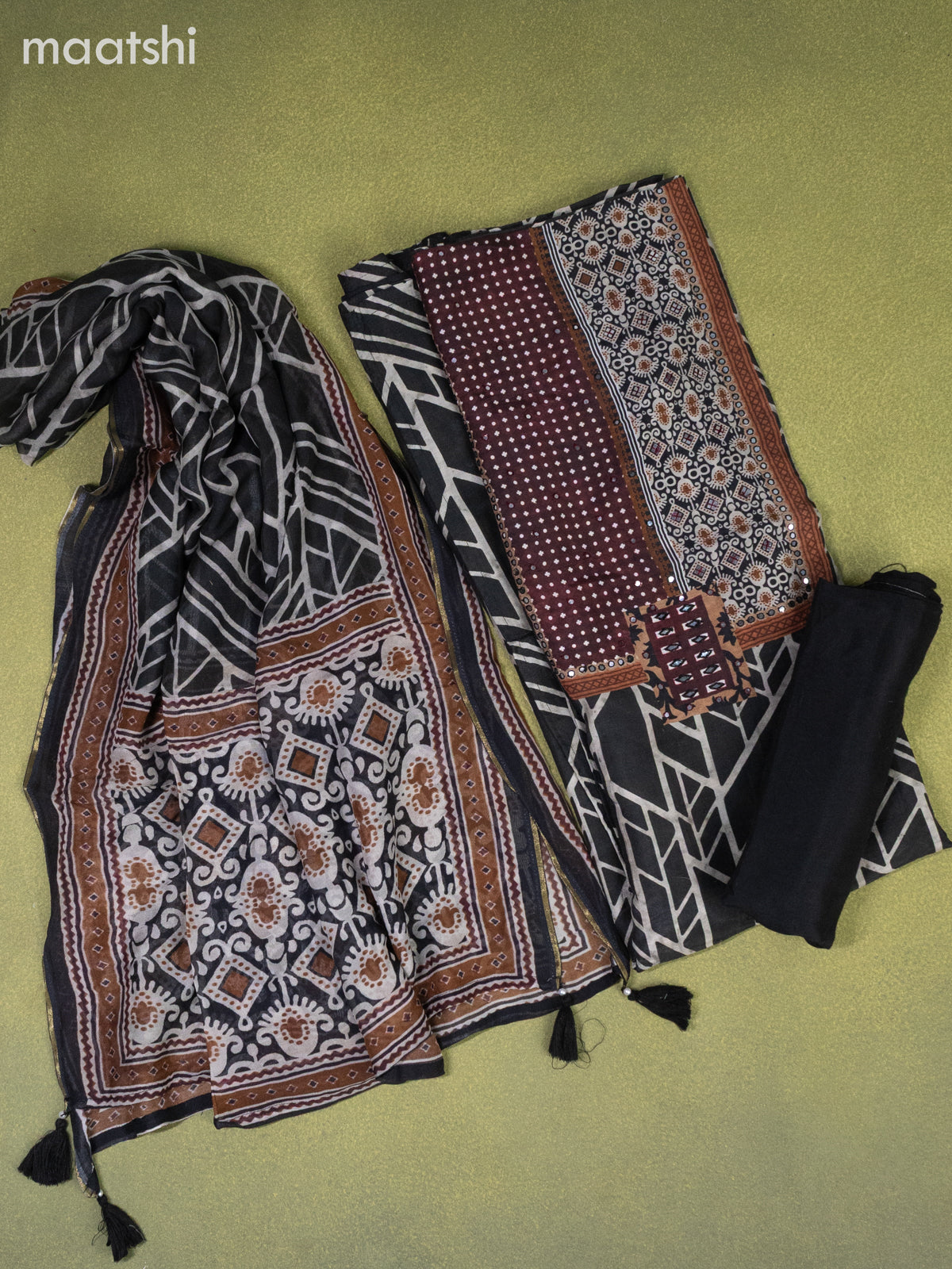 Muslin dress material elephant grey with allover prints & mirror work neck pattern and bottom & dupatta