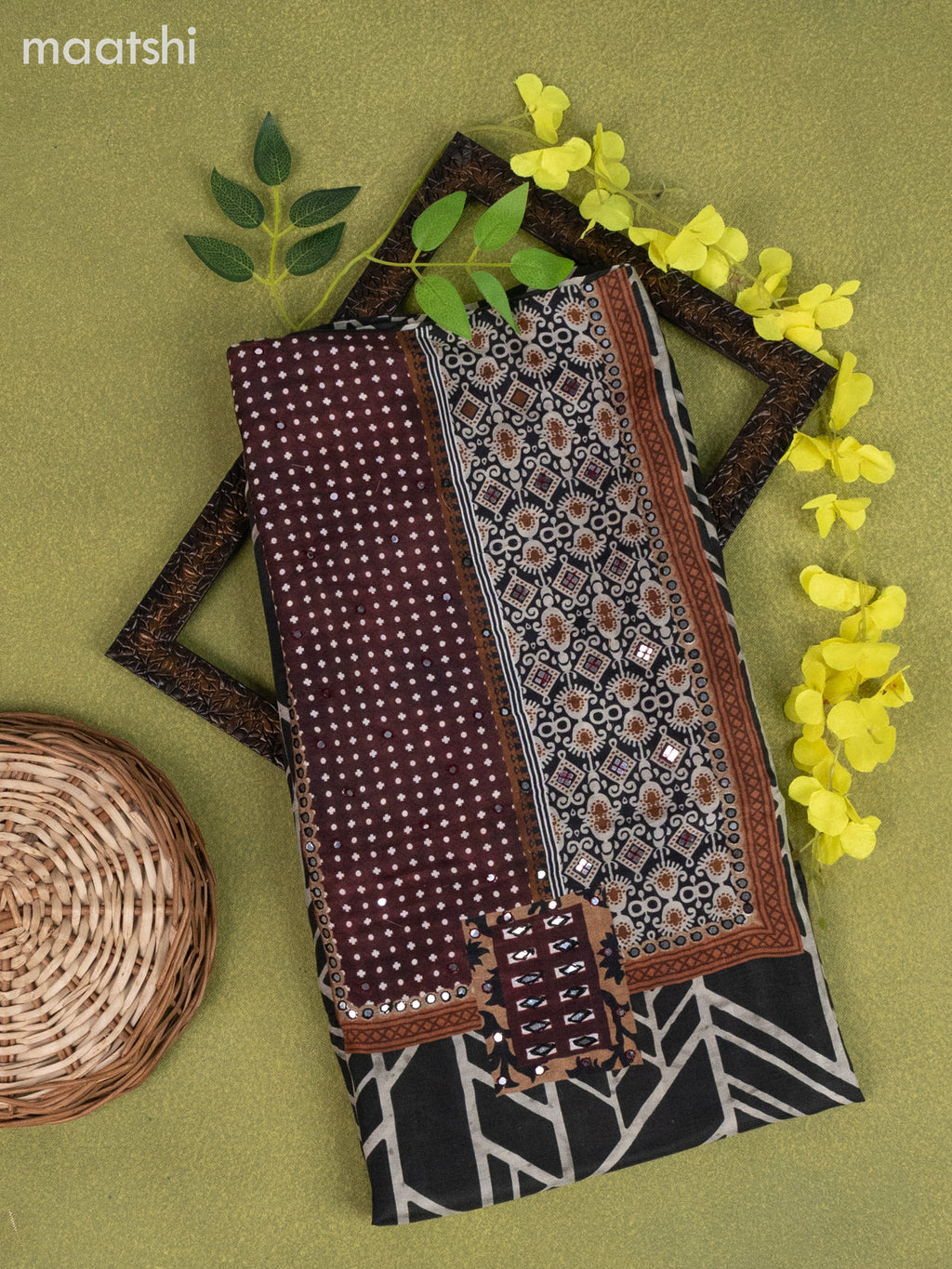 Muslin dress material elephant grey with allover prints & mirror work neck pattern and bottom & dupatta