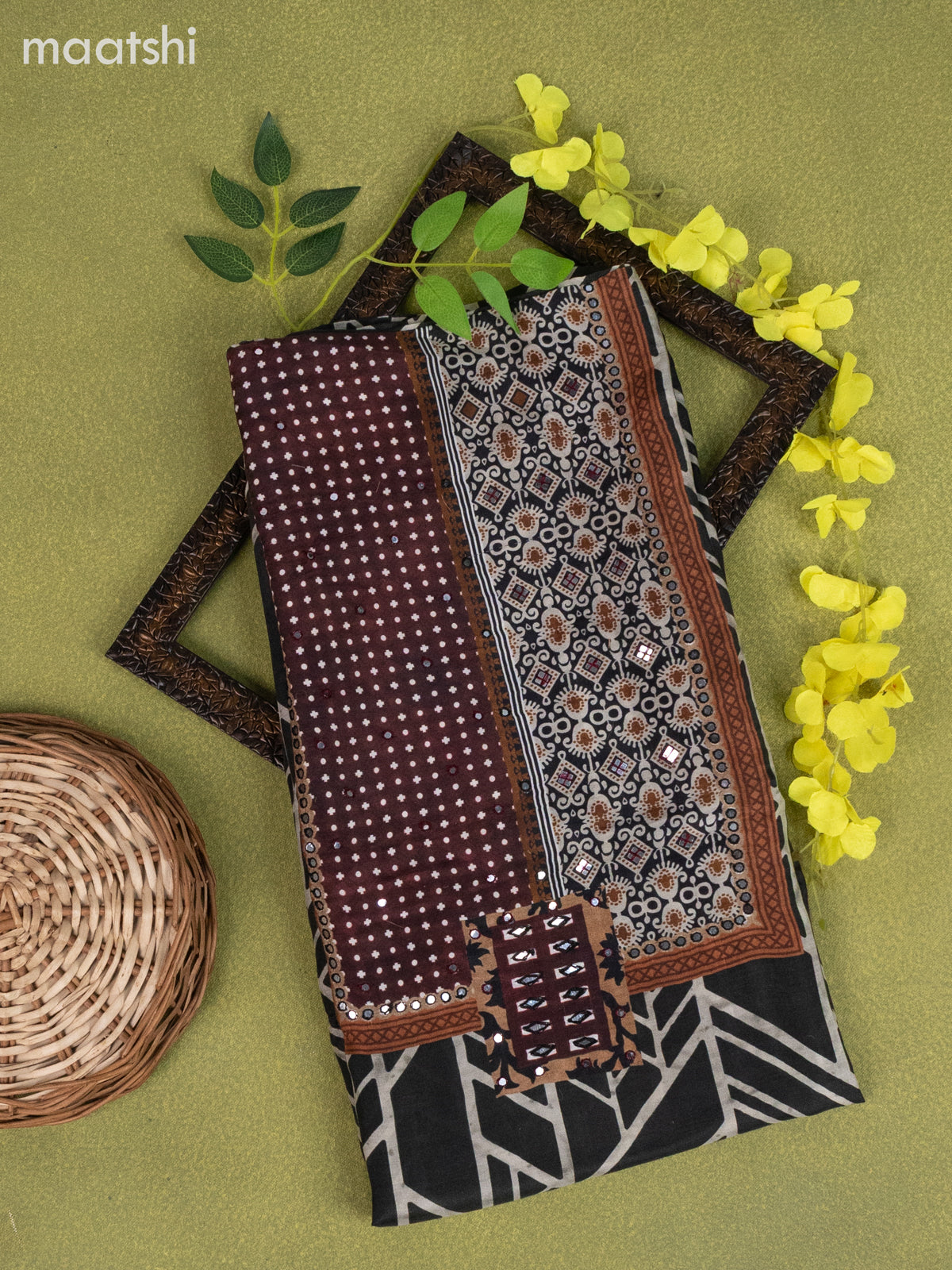 Muslin dress material elephant grey with allover prints & mirror work neck pattern and bottom & dupatta