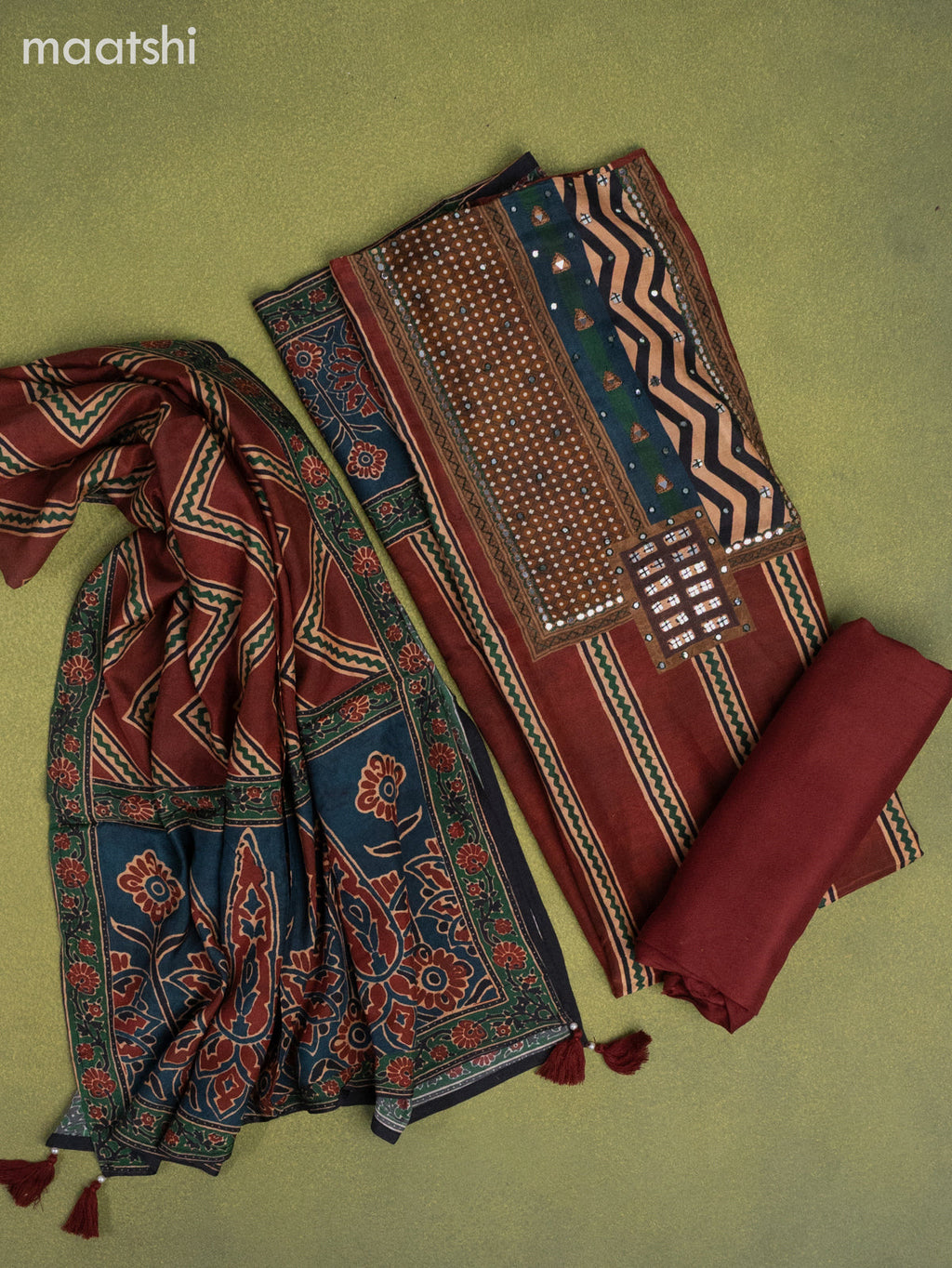 Muslin dress material maroon with ajrakh prints & mirror embroidery work neck pattern and bottom & dupatta