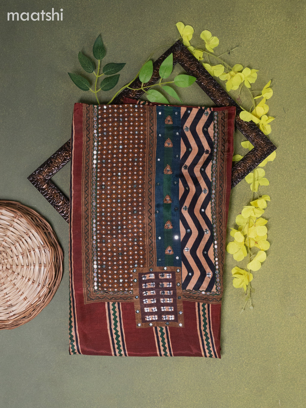 Muslin dress material maroon with ajrakh prints & mirror embroidery work neck pattern and bottom & dupatta