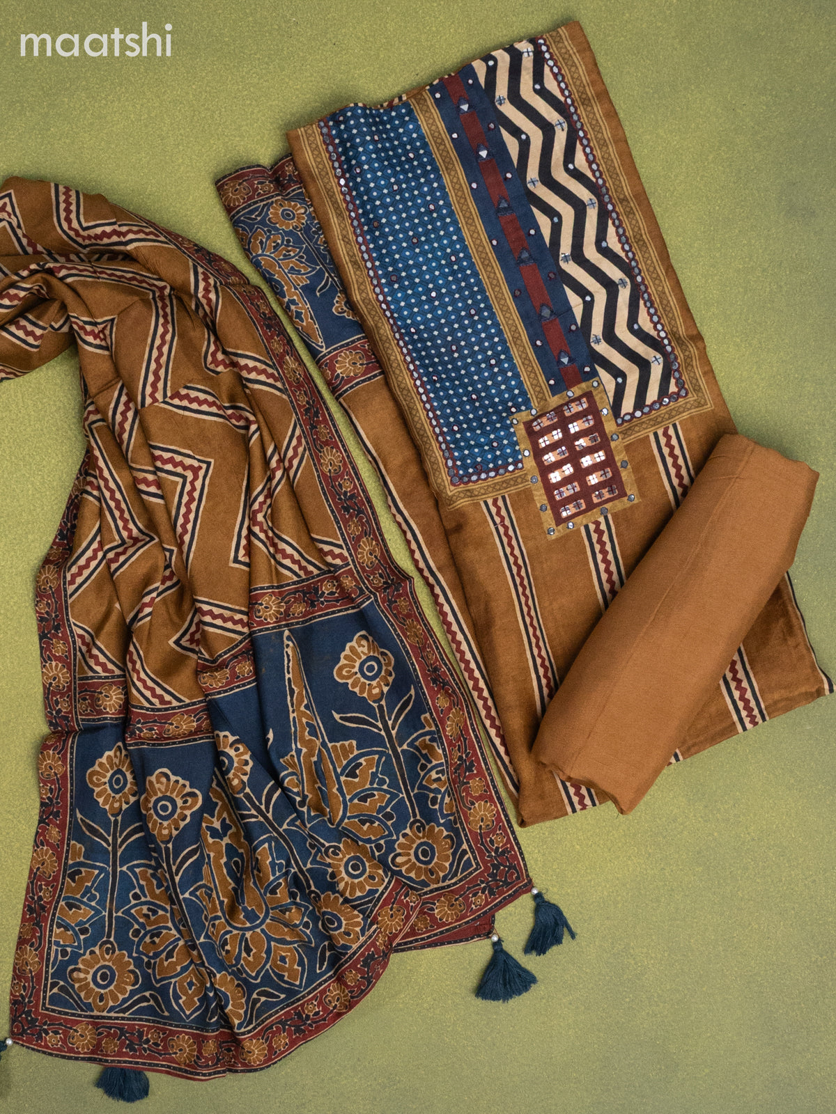 Muslin dress material brown with ajrakh prints & mirror embroidery work neck pattern and bottom & dupatta