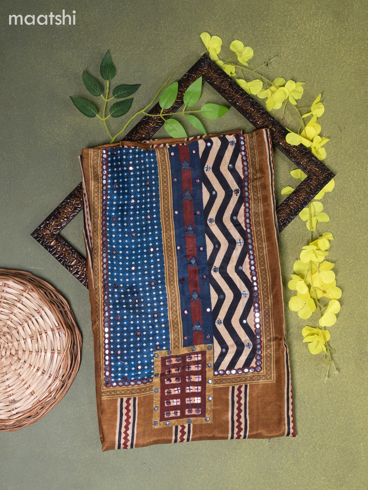 Muslin dress material brown with ajrakh prints & mirror embroidery work neck pattern and bottom & dupatta