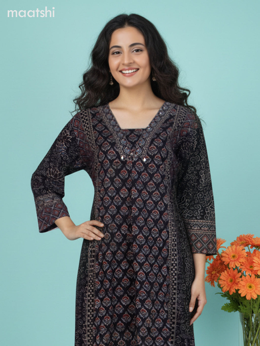 Black Cotton Ajrakh Printed Anarkali Suit