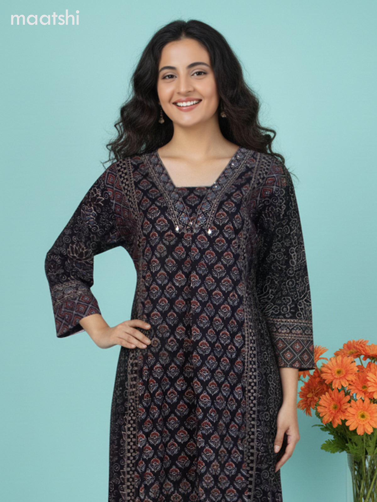Black Cotton Ajrakh Printed Anarkali Suit