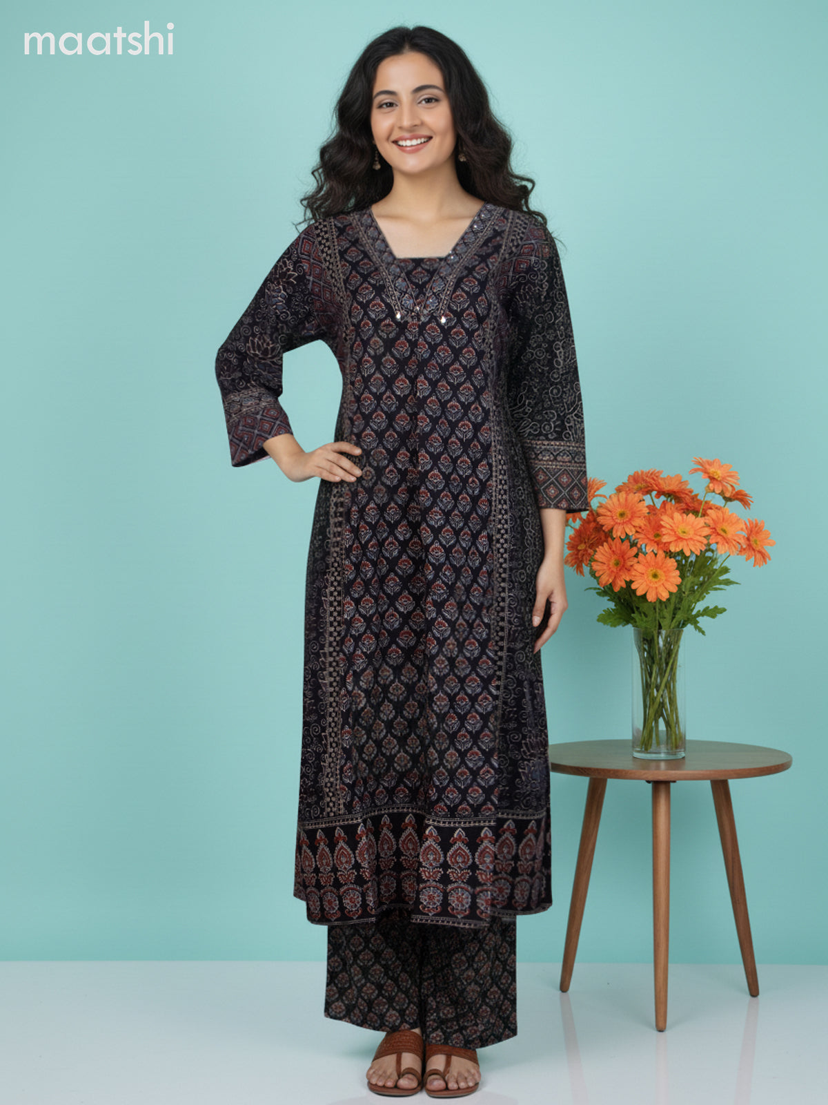 Black Cotton Ajrakh Printed Anarkali Suit