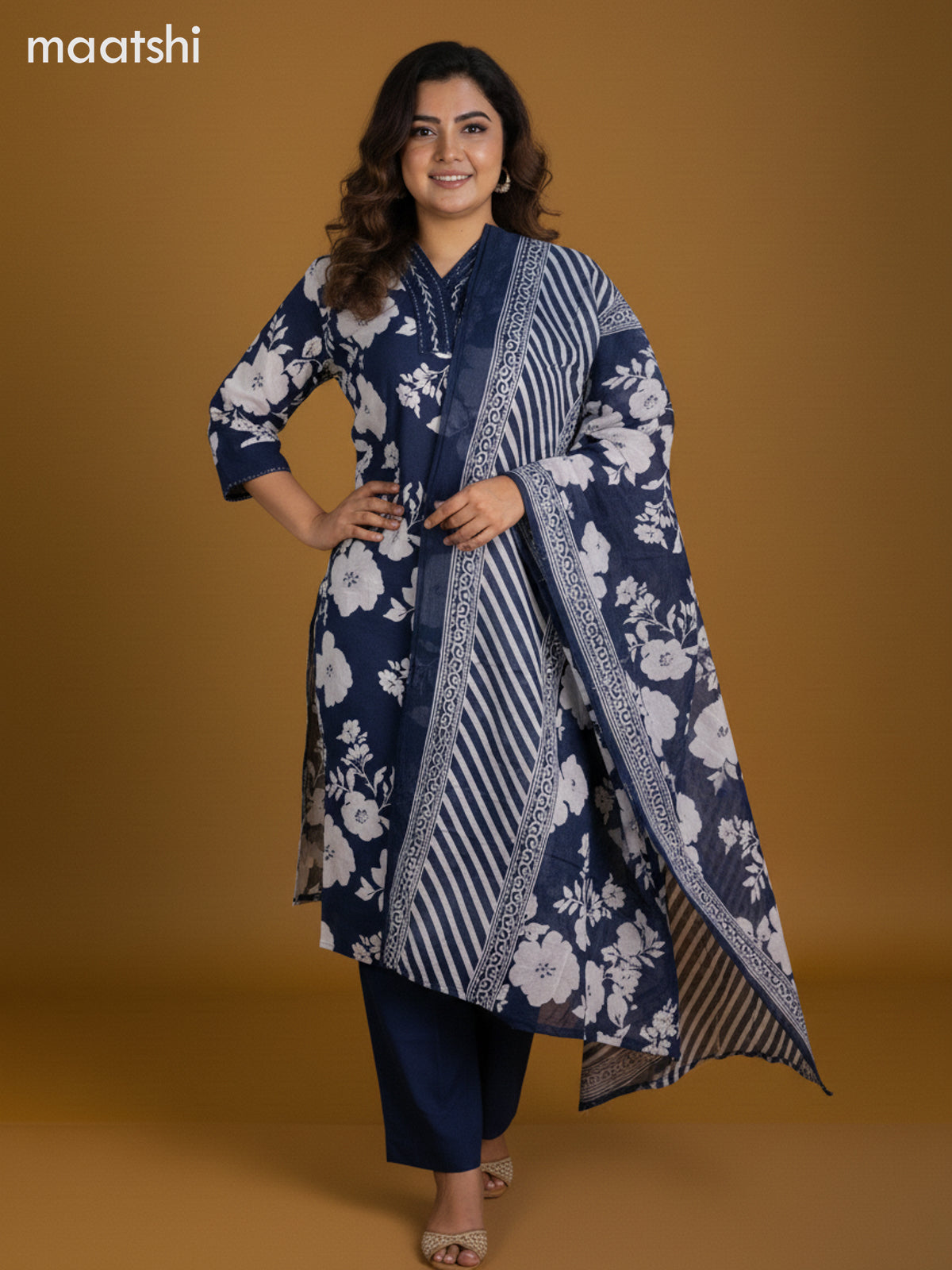 Blue and Off White Cotton Floral Printed Straight Suit