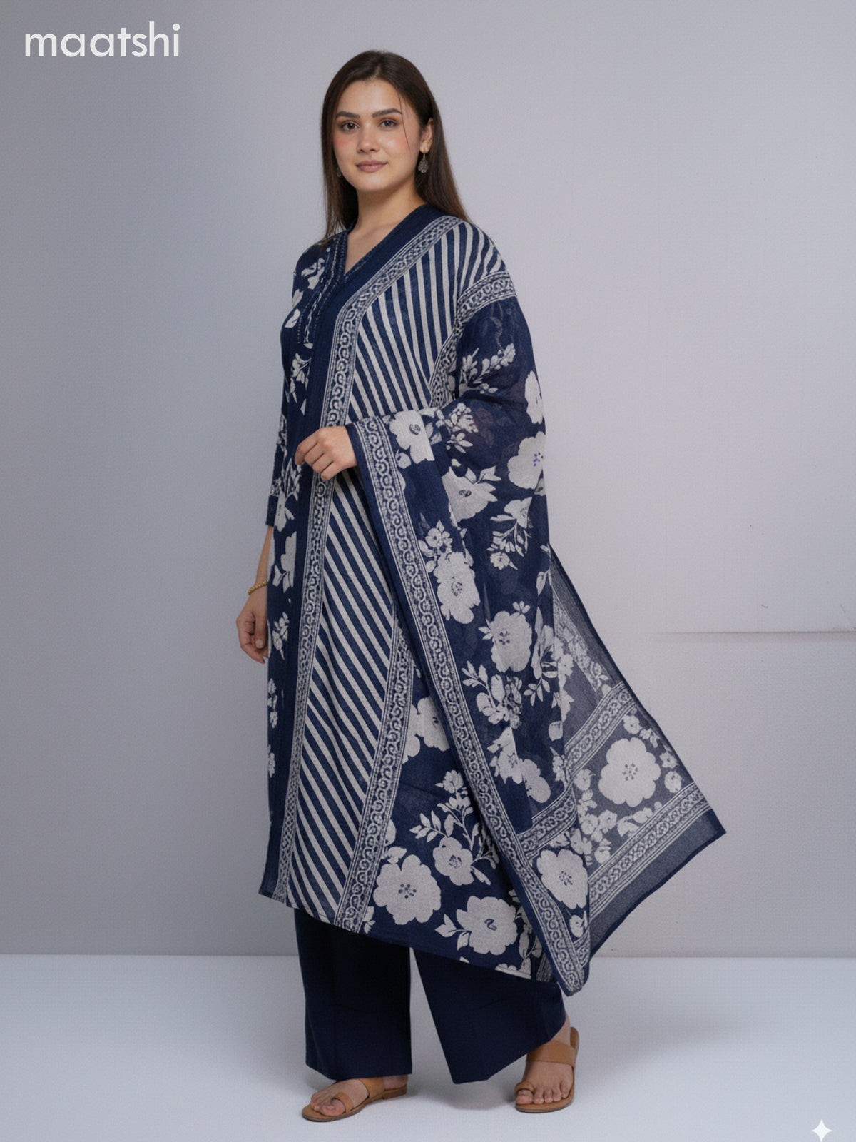 Blue and Off White Cotton Floral Printed Straight Suit