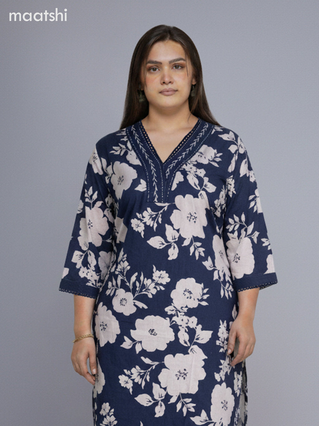 Blue and Off White Cotton Floral Printed Straight Suit
