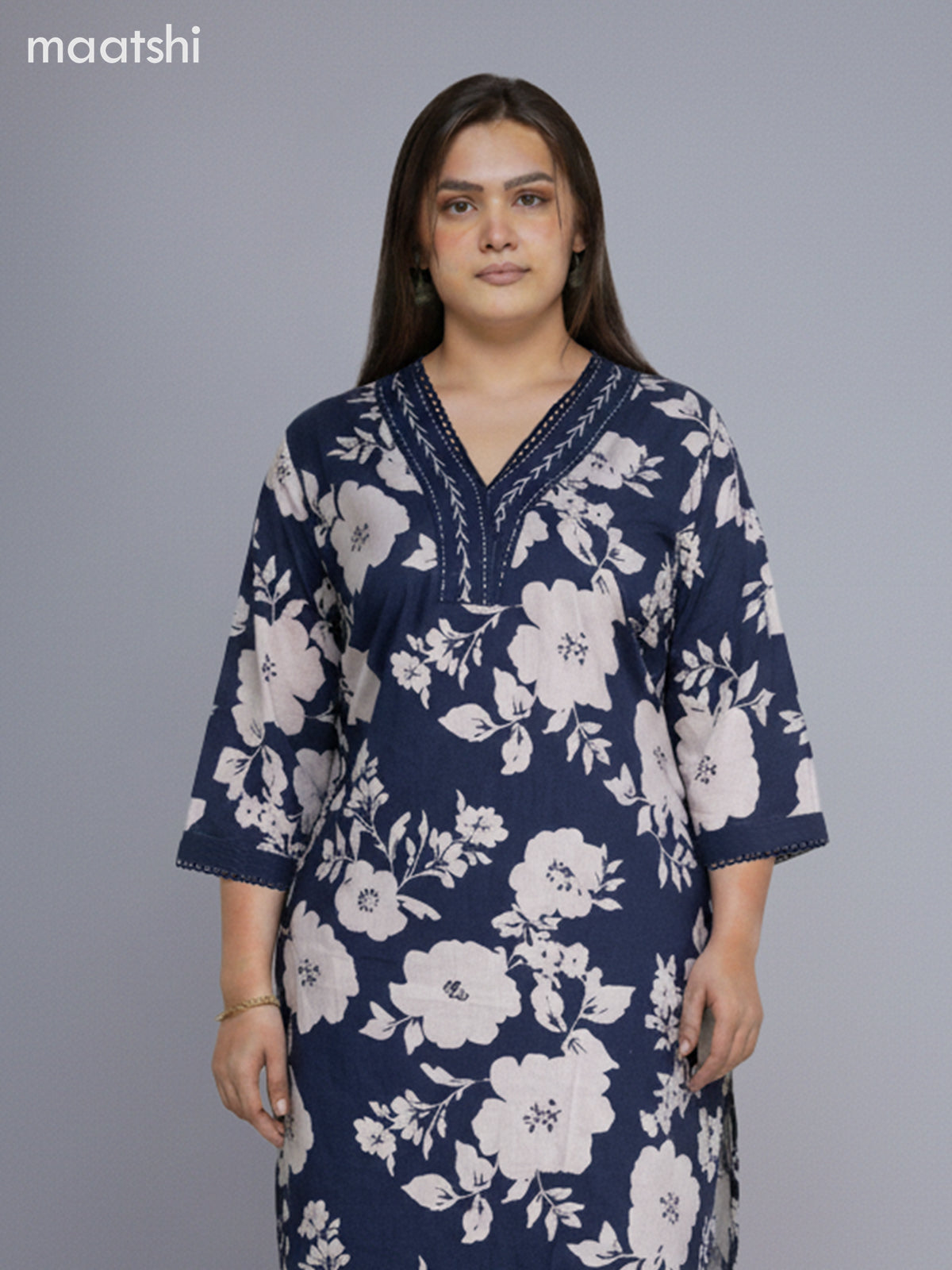 Blue and Off White Cotton Floral Printed Straight Suit