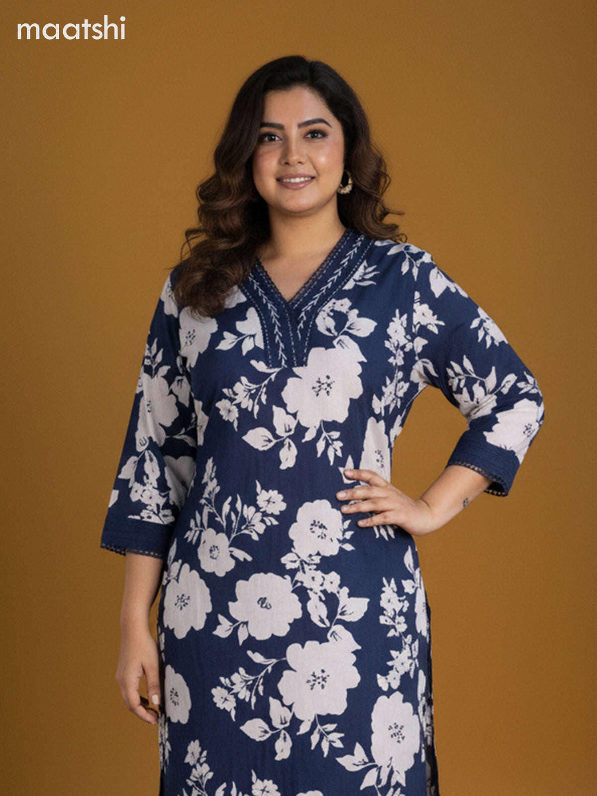 Blue and Off White Cotton Floral Printed Straight Suit