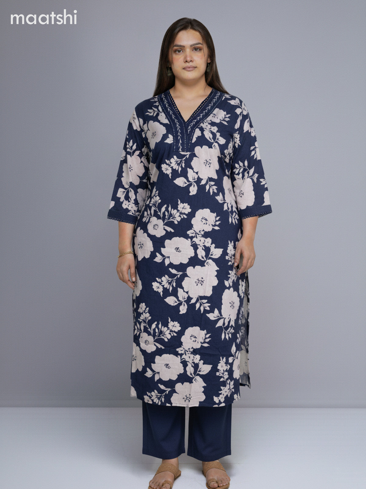 Blue and Off White Cotton Floral Printed Straight Suit