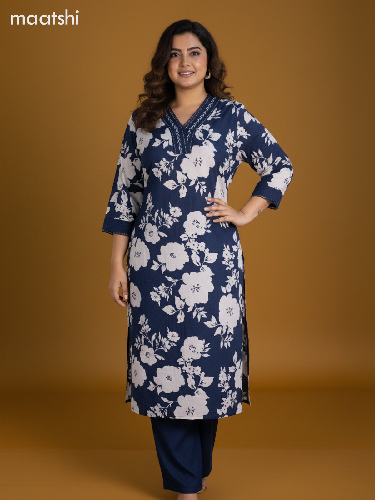 Blue and Off White Cotton Floral Printed Straight Suit