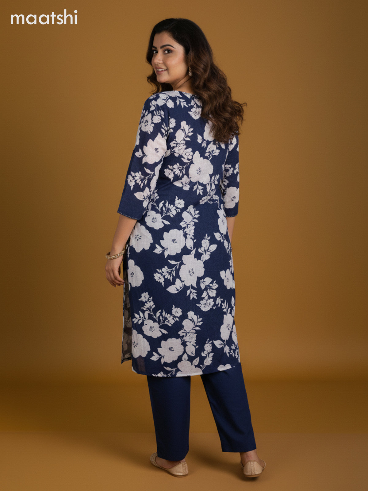 Blue and Off White Cotton Floral Printed Straight Suit