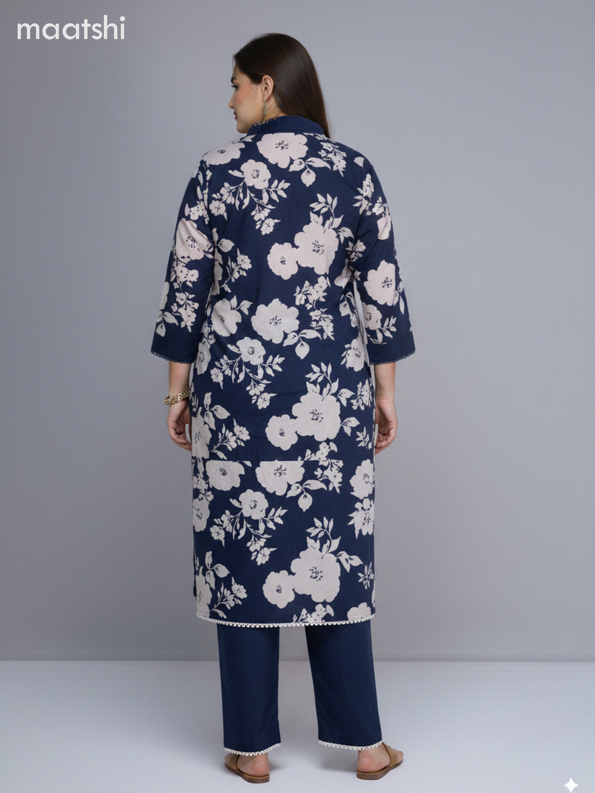Blue and Off White Cotton Floral Printed Straight Suit