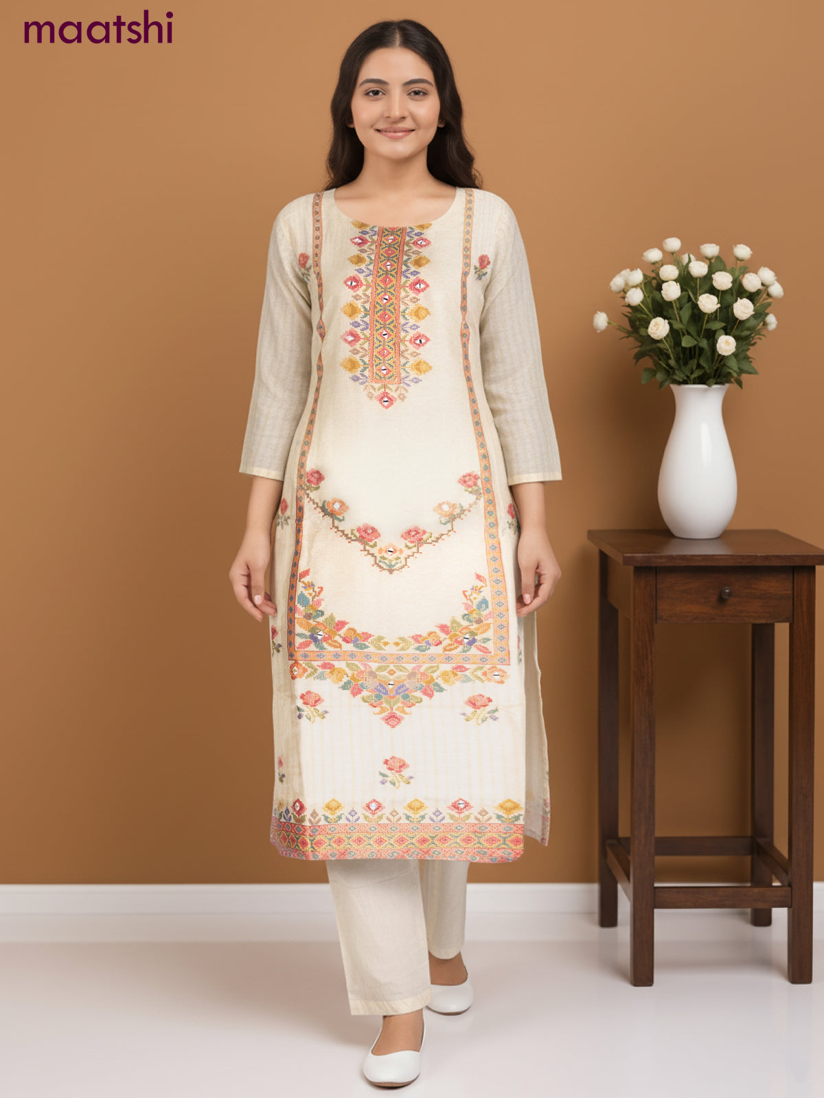 Chanderi salwar suit cream with ikat weaves & mirror work neck pattern and straight cut pant & chiffon dupatta