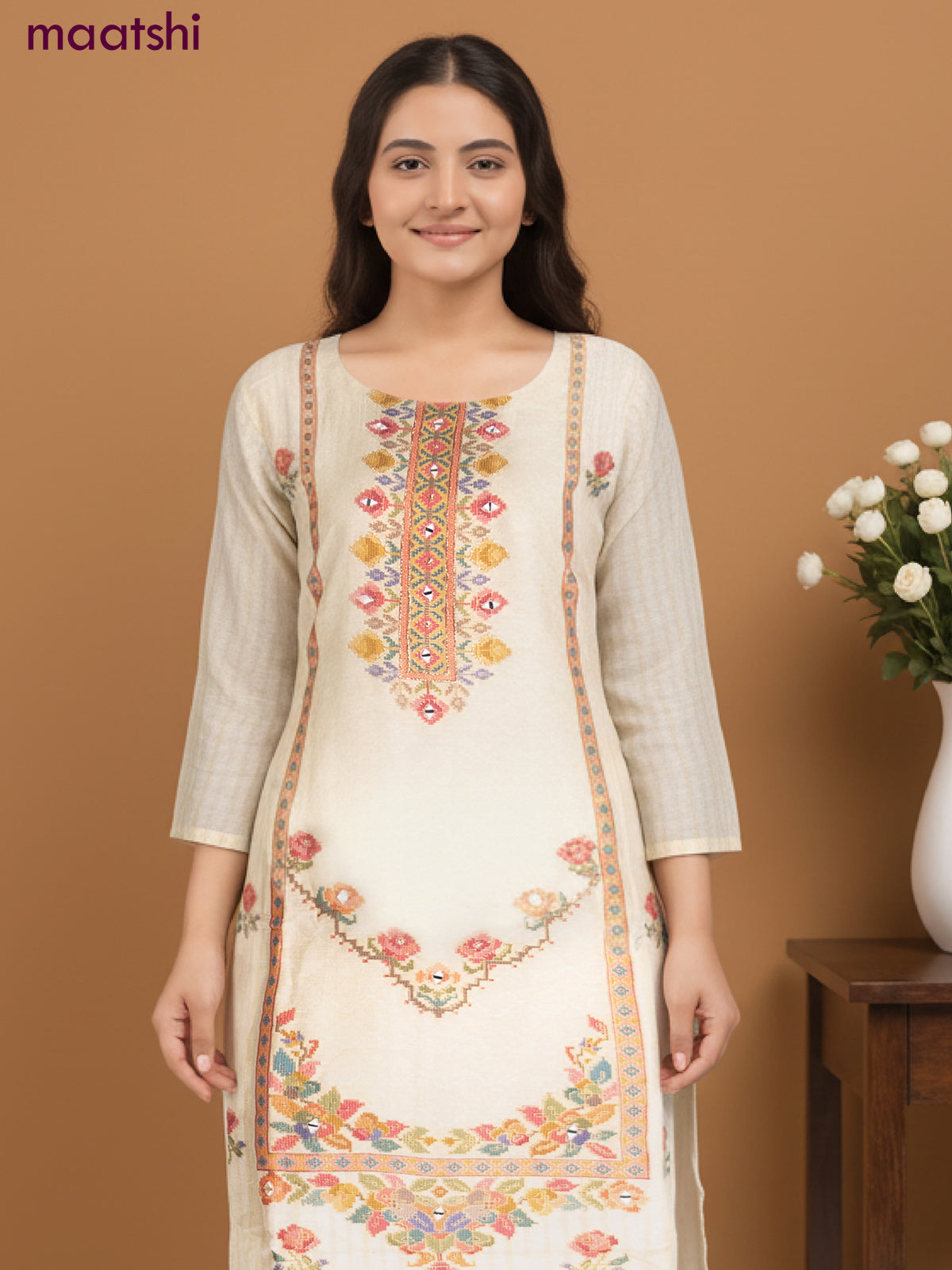 Chanderi salwar suit cream with ikat weaves & mirror work neck pattern and straight cut pant & chiffon dupatta