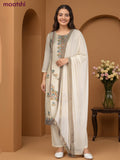 Chanderi salwar suit cream with ikat weaves & mirror work neck pattern and straight cut pant & chiffon dupatta