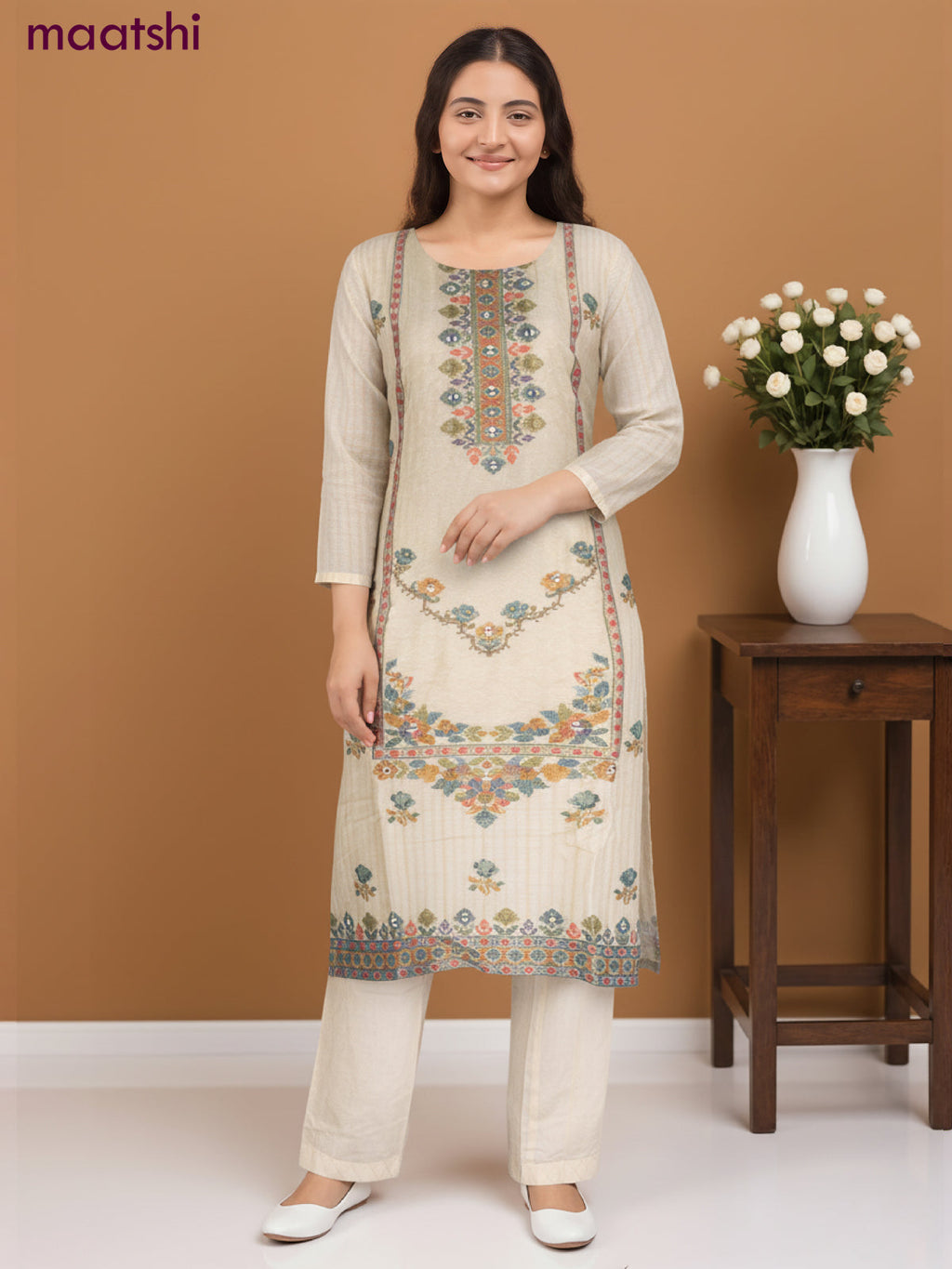 Chanderi salwar suit cream with ikat weaves & mirror work neck pattern and straight cut pant & chiffon dupatta