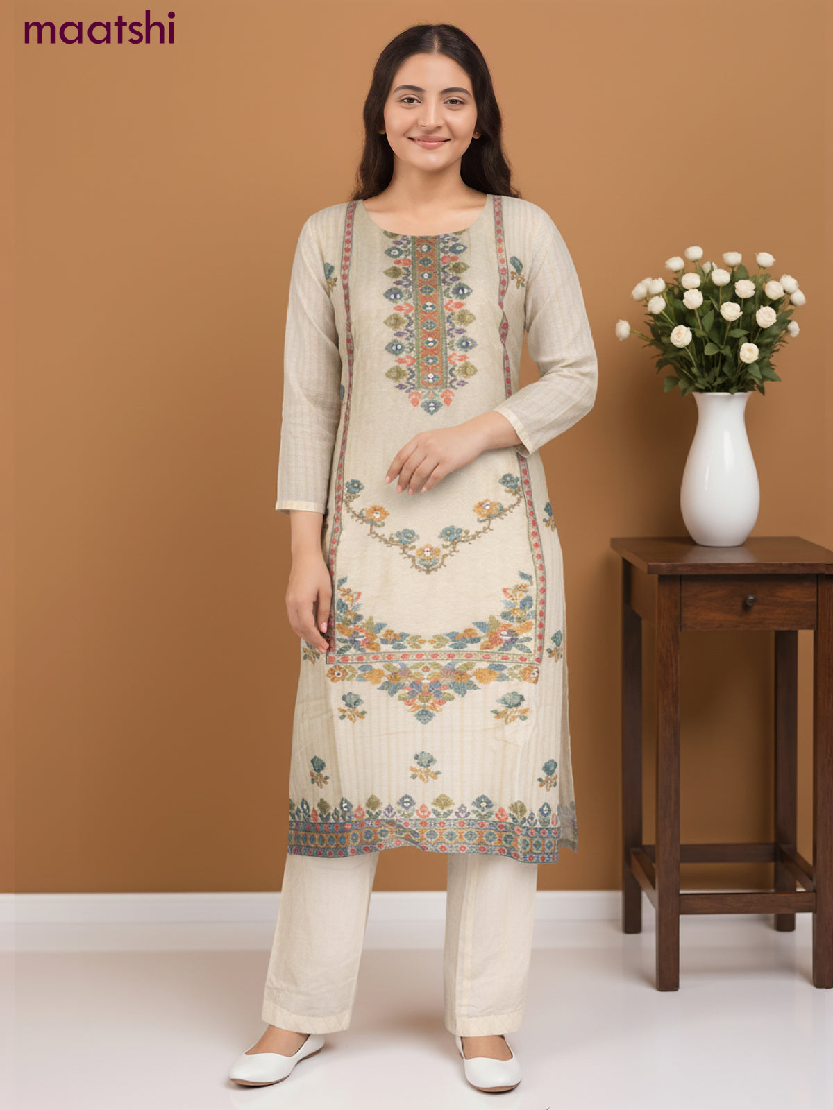 Chanderi salwar suit cream with ikat weaves & mirror work neck pattern and straight cut pant & chiffon dupatta