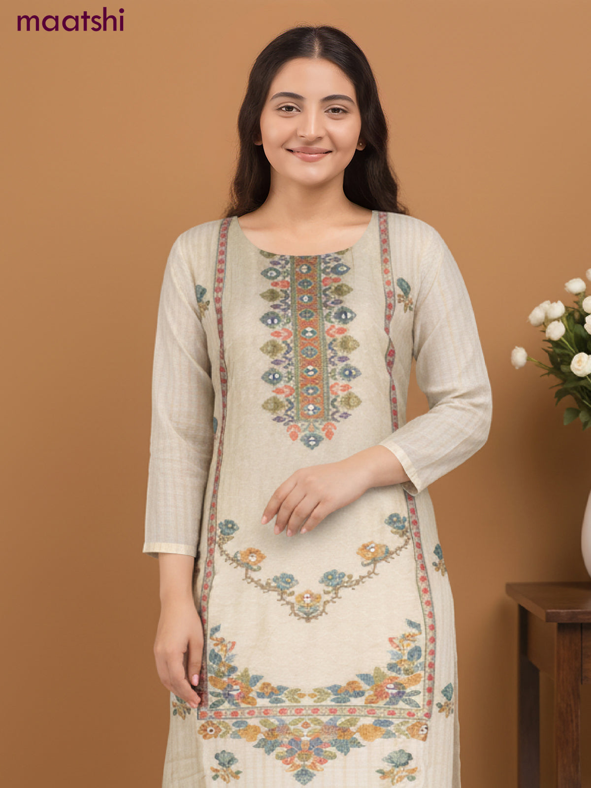 Chanderi salwar suit cream with ikat weaves & mirror work neck pattern and straight cut pant & chiffon dupatta