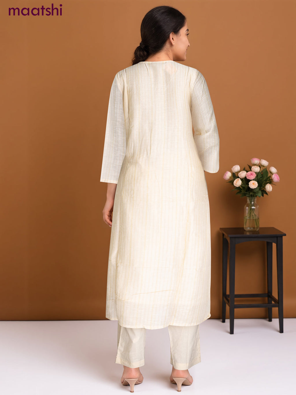 Chanderi salwar suit cream with ikat weaves & mirror work neck pattern and straight cut pant & chiffon dupatta
