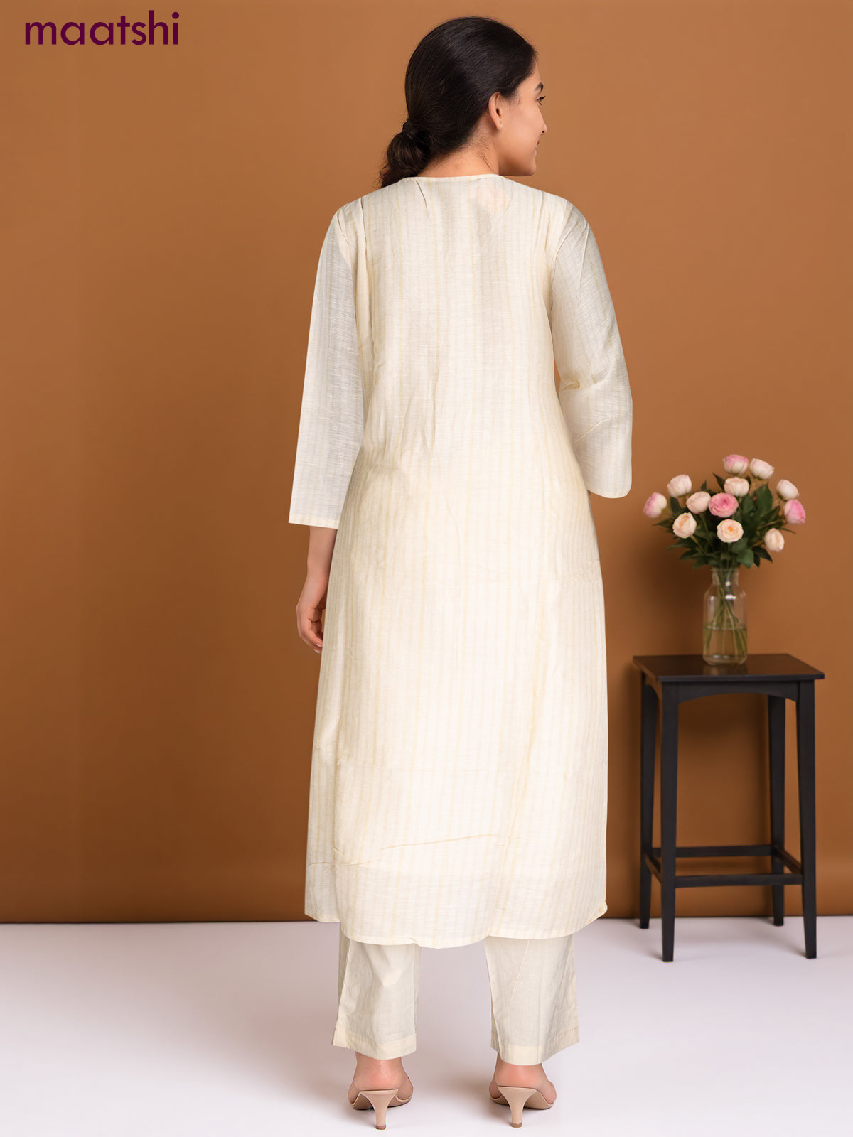 Chanderi salwar suit cream with ikat weaves & mirror work neck pattern and straight cut pant & chiffon dupatta