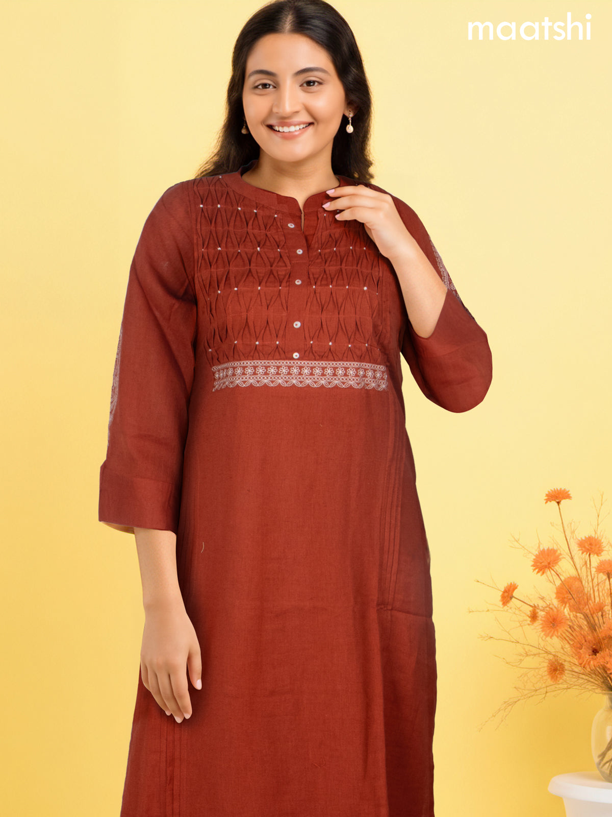 Cotton kurti set rust shade with pintuck design & embroidery work neck pattern and straight cut pant