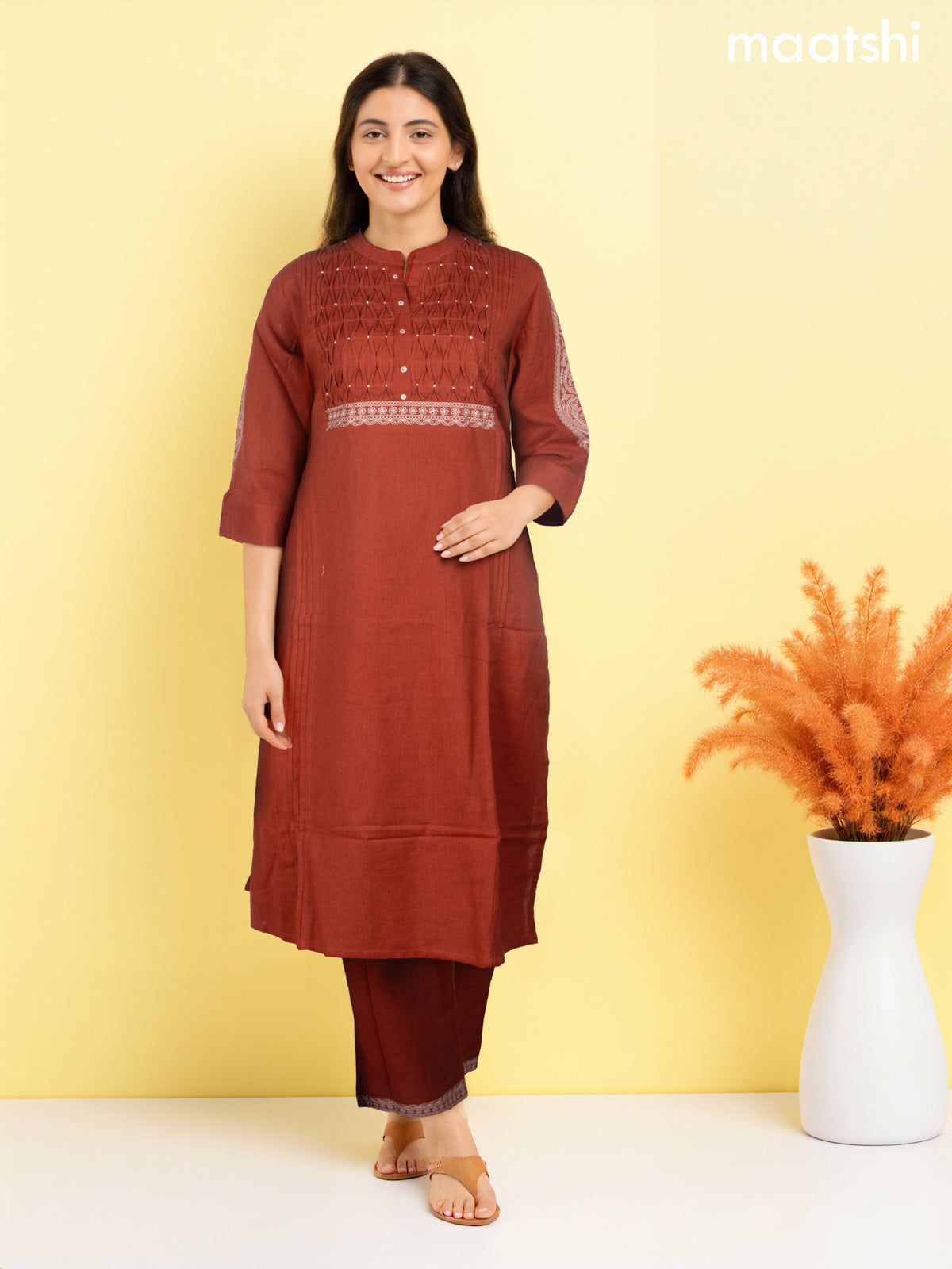 Cotton kurti set rust shade with pintuck design & embroidery work neck pattern and straight cut pant