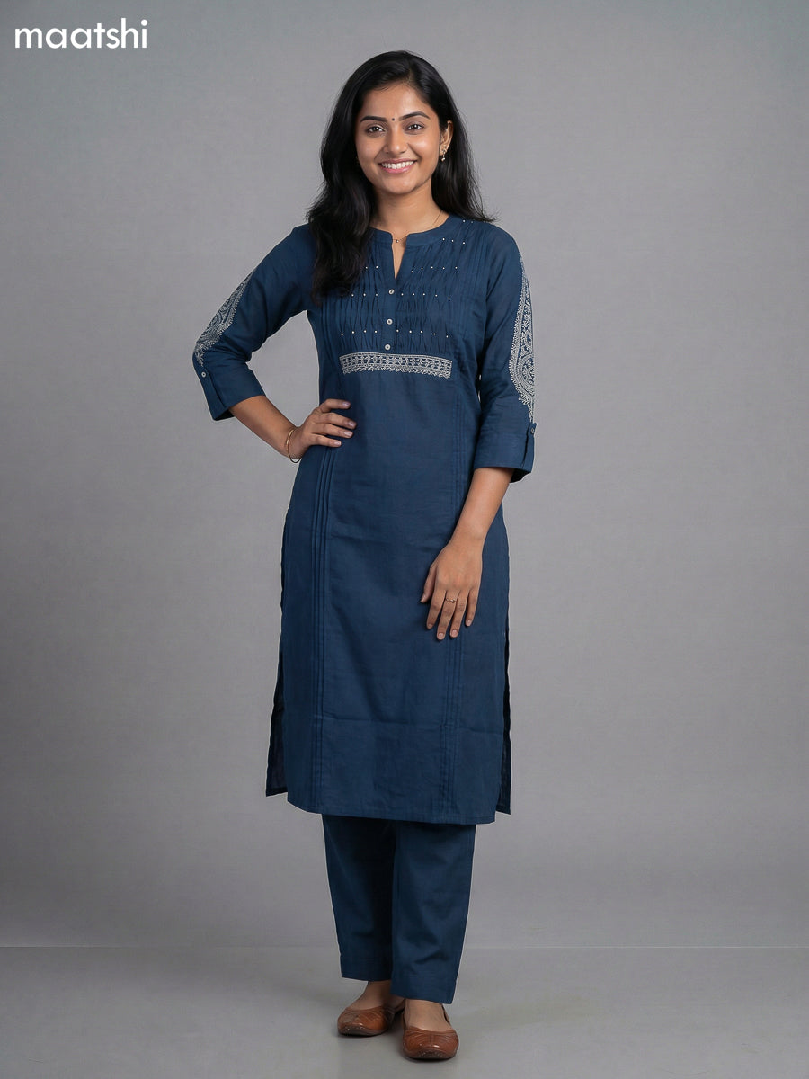 peacock blue cotton pintuck design kurti set