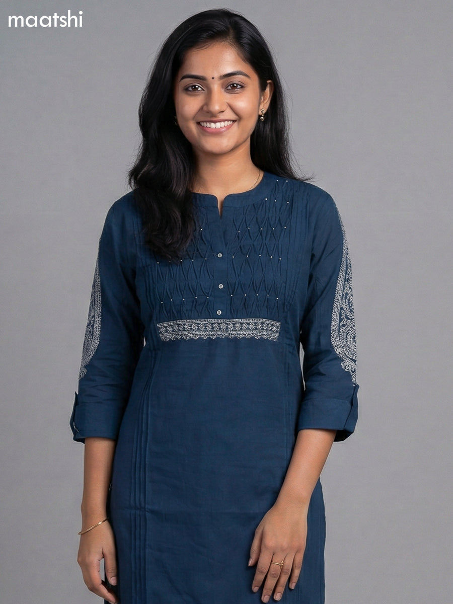 peacock blue cotton pintuck design kurti set