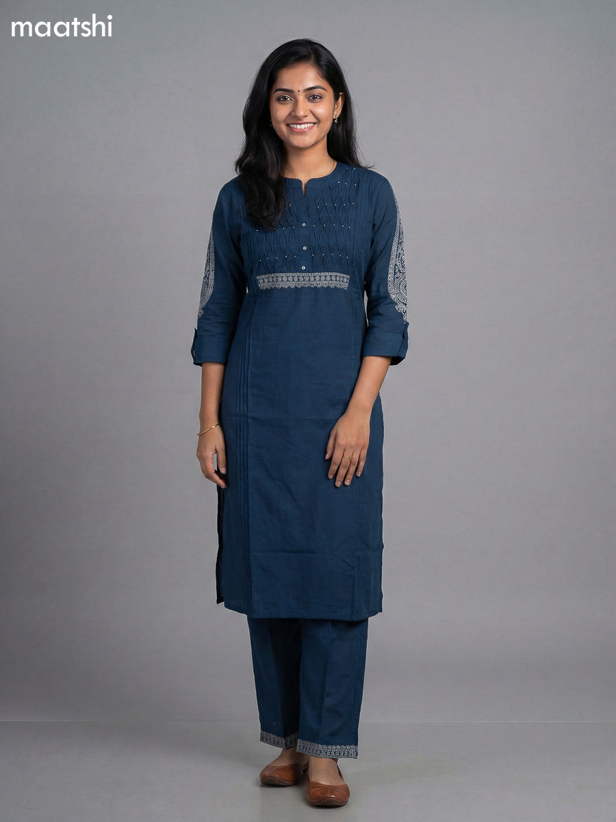 peacock blue cotton pintuck design kurti set