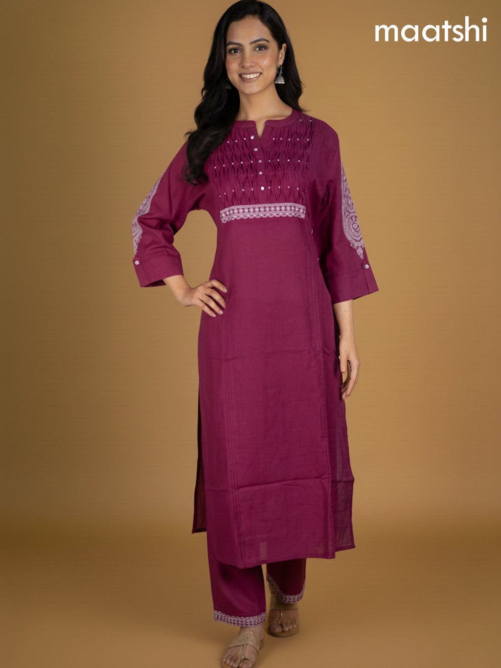 Magenta Pink Cotton Pintuck Design Kurti Set