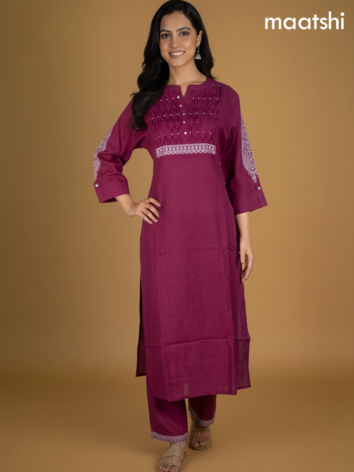 Magenta Pink Cotton Pintuck Design Kurti Set