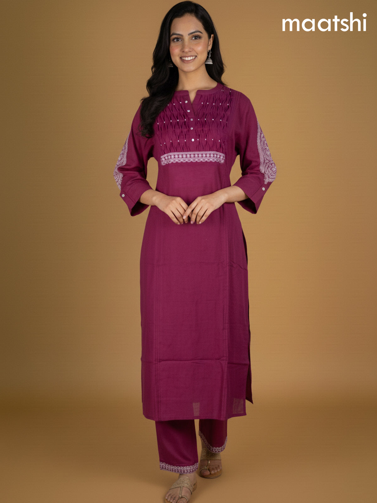 Magenta Pink Cotton Pintuck Design Kurti Set