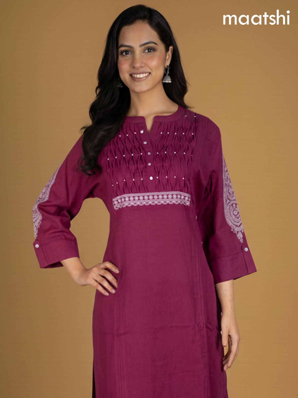 Magenta Pink Cotton Pintuck Design Kurti Set