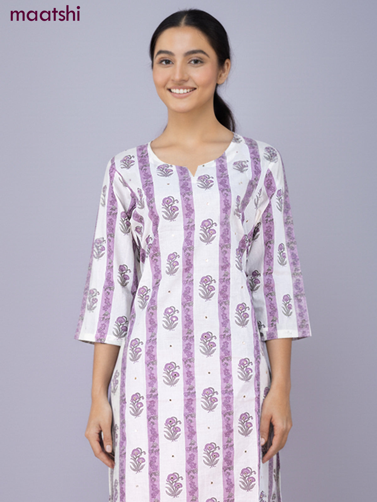Cotton salwar suit off white with allover prints & mirror work and straight cut pant & kota dupatta