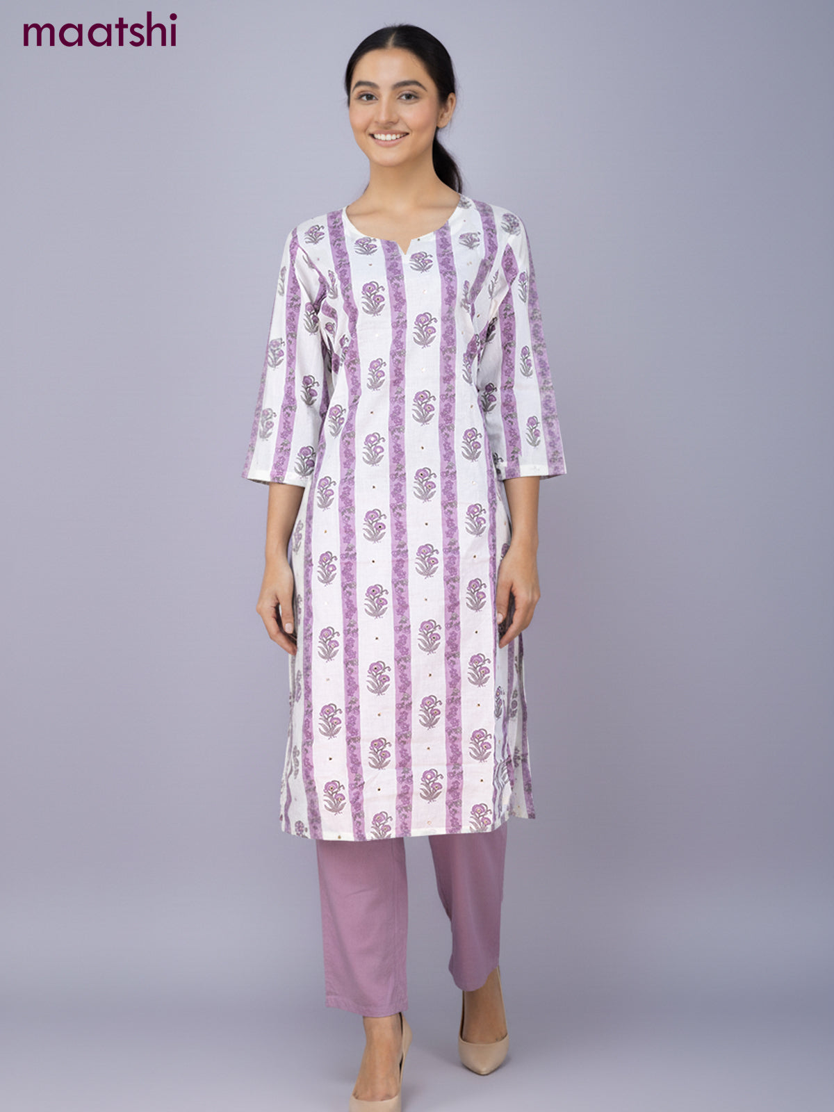 Cotton salwar suit off white with allover prints & mirror work and straight cut pant & kota dupatta