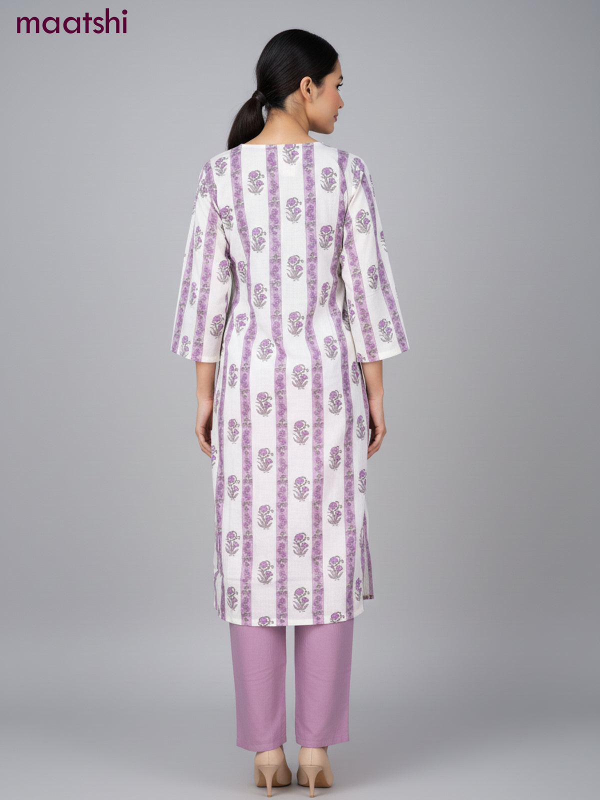 Cotton salwar suit off white with allover prints & mirror work and straight cut pant & kota dupatta