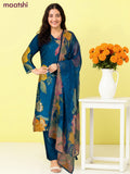 Muslin salwar suit peacock blue with allover floral prints & zardosi work and straight cut pant & dupatta