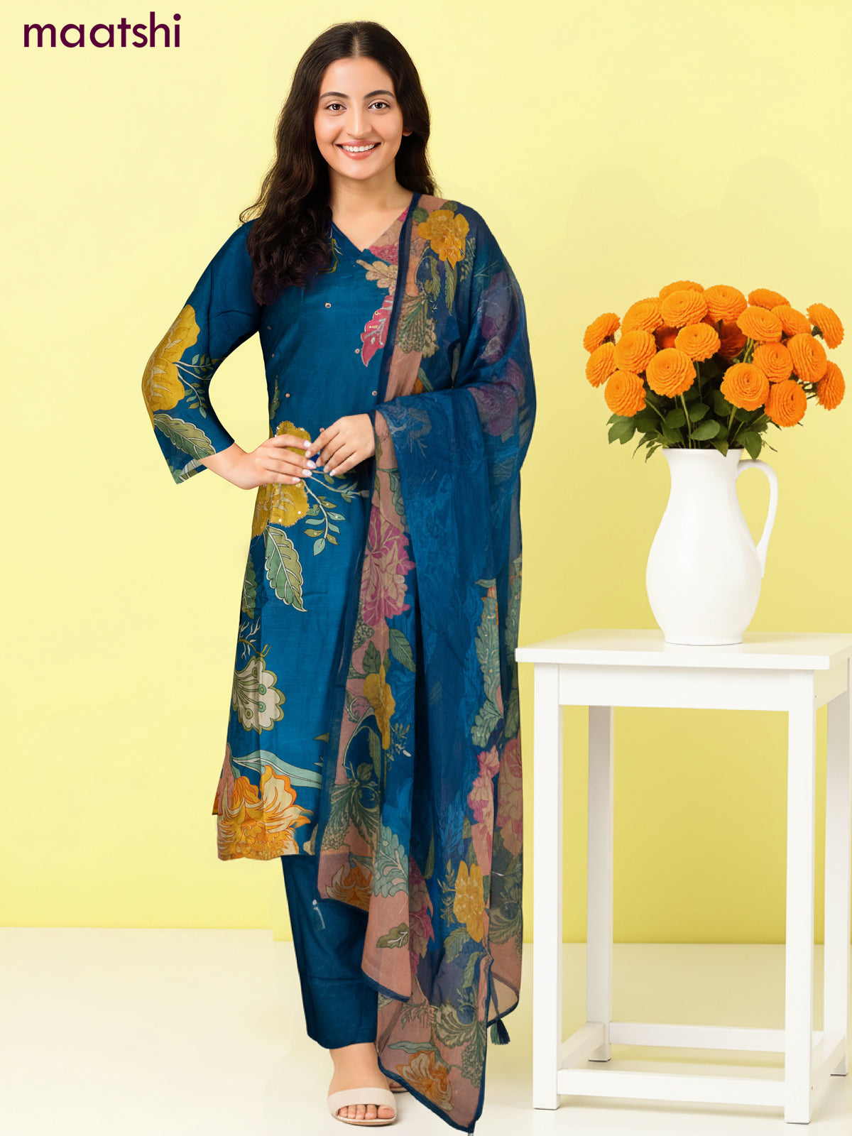 Muslin salwar suit peacock blue with allover floral prints & zardosi work and straight cut pant & dupatta