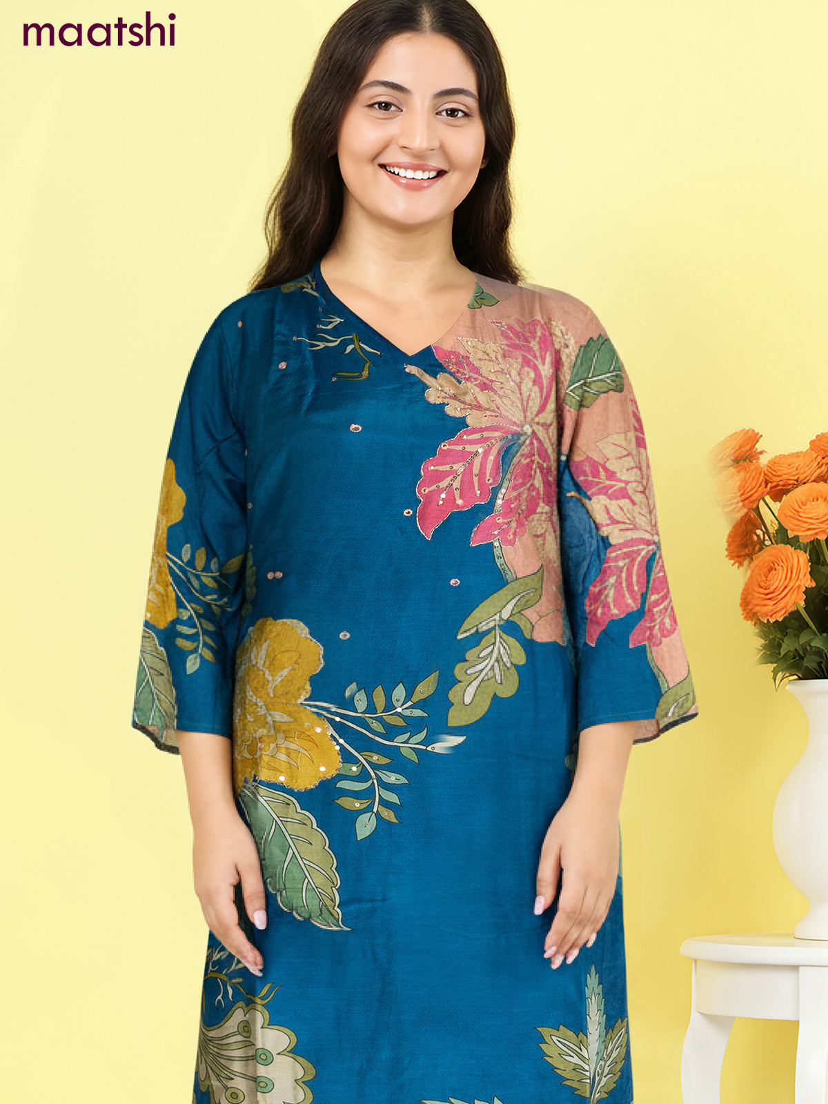 Muslin salwar suit peacock blue with allover floral prints & zardosi work and straight cut pant & dupatta