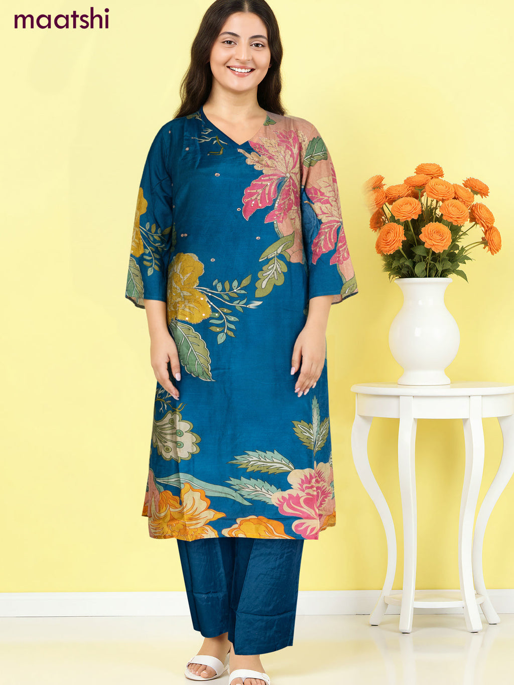 Muslin salwar suit peacock blue with allover floral prints & zardosi work and straight cut pant & dupatta
