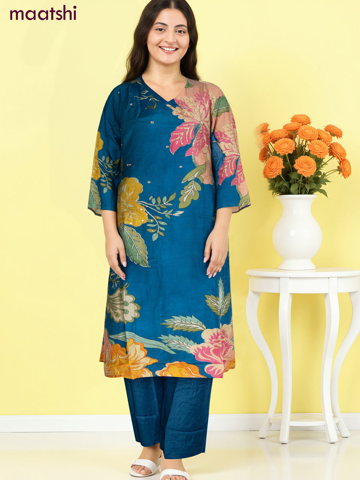Muslin salwar suit peacock blue with allover floral prints & zardosi work and straight cut pant & dupatta
